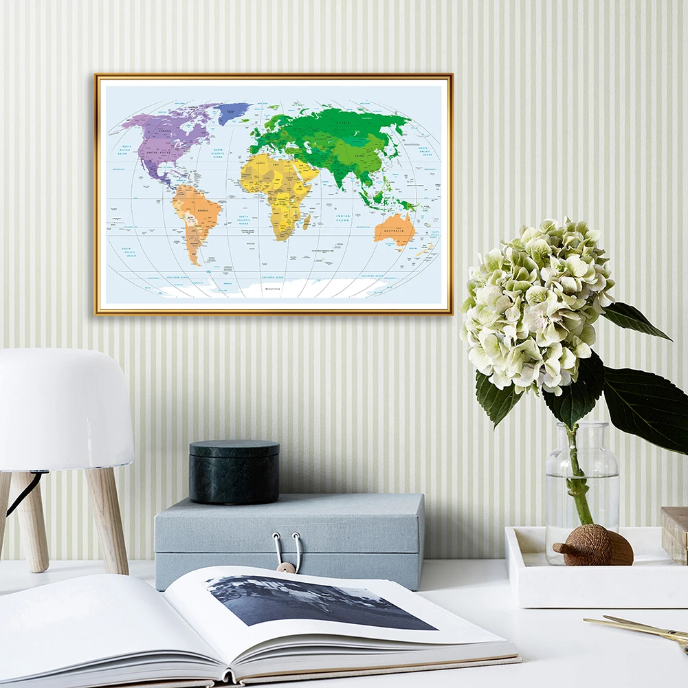 

The World Political Map Unframed Prints Wall Art Poster Non-woven Canvas Painting Living Room Home Decor School Supplies 90*60cm