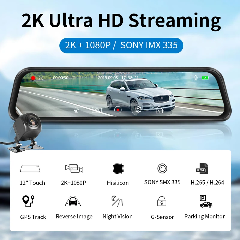 Jansite 12 дюймовый автомобильный видеорегистратор Ultra HD 2K камера stream media GPS дорожка