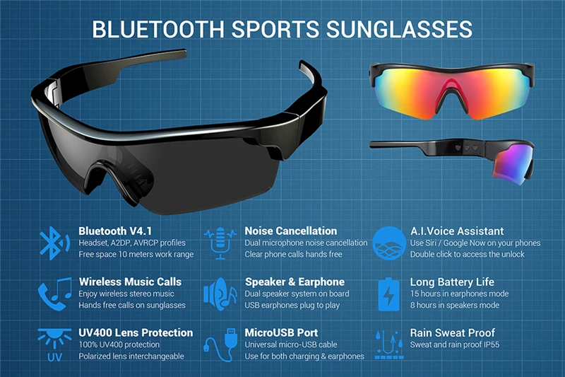 저렴한 블루투스 스마트 스포츠 선글라스, 무선 스테레오 음악 선글라스, 스포츠 헤드셋 헤드폰, 듀얼 마이크, UV 400nm 보호