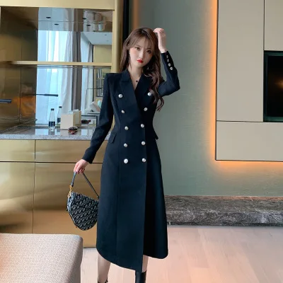 2020 Fashion Black Turn-down Collar Double Breasted Slim Long Trench Classy Ladies Coats Elegant Winter High-end Women's Dress