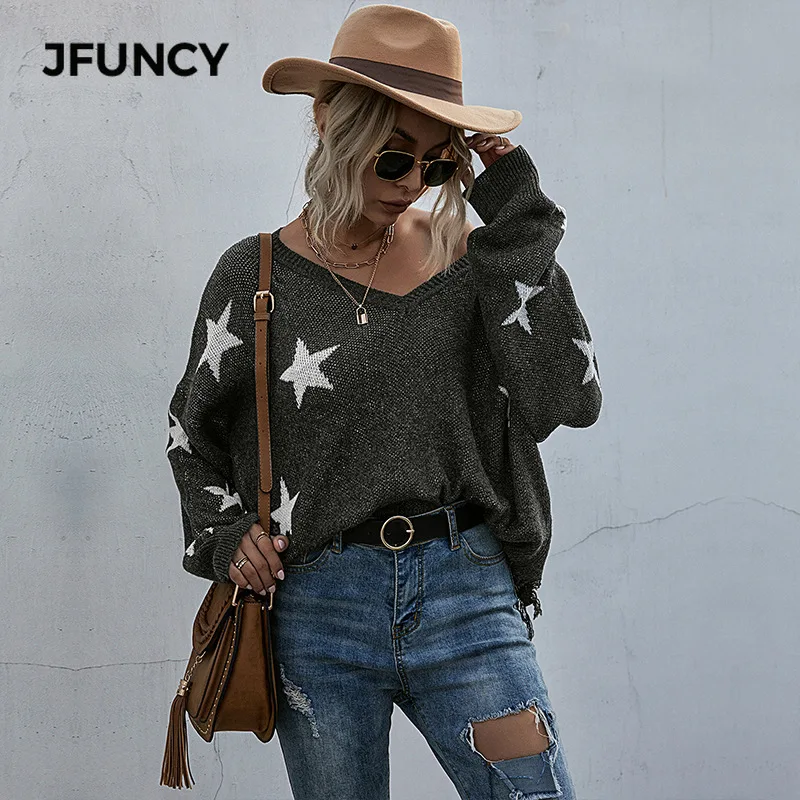 

JFUNCY Stars Tassel Design Women's Knitted Sweater Pullover Fall Winter New Batwing Sleeve Loose Women Knitwear Tops 2020