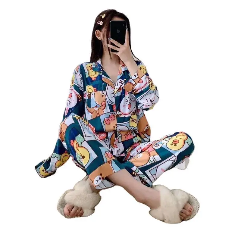 

New Summer Pajamas Women Cotton Silk Long Sleeve Trousers Cardigan Cotton Silk Suit Japanese Korean Spring and Autumn Home Wear