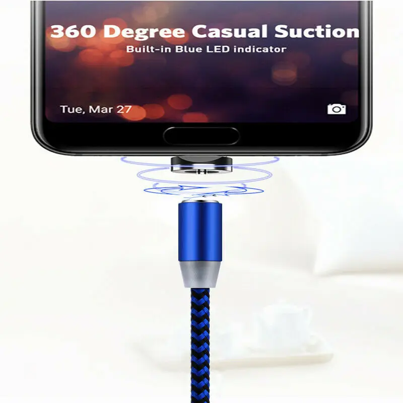 Светодиодный Магнитная застёжка Micro USB/type-C/IOS круглый кабель для быстрой зарядки
