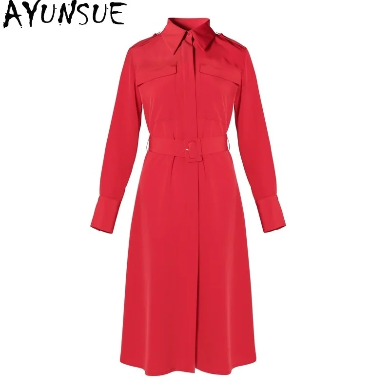 

Платье женское средней длины с длинным рукавом, элегантное красное платье-рубашка в Корейском стиле, весна-лето