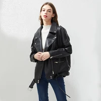 faux leather jacket women loose sashes casual biker jackets outwear female tops bf style black leather jacket coat