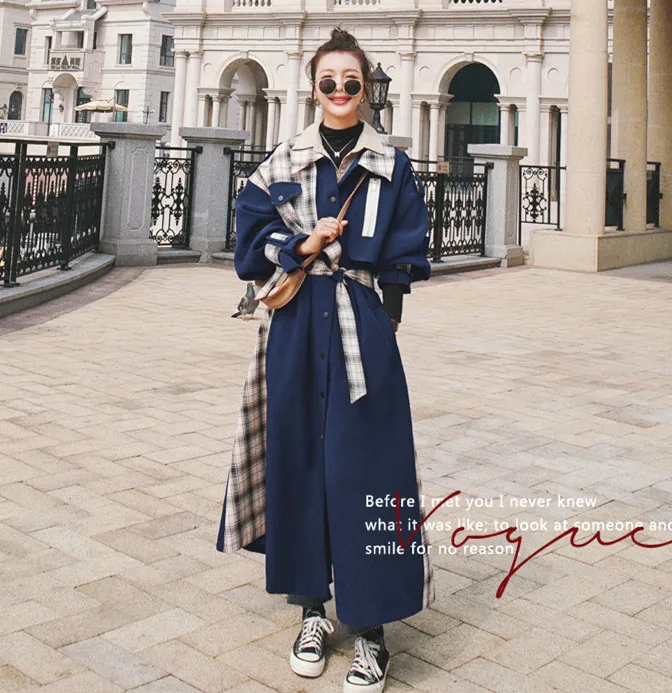 

Women Splice Plaid Long Trench Coat Loose Casual Korean Vintage Bandage Overcoat Autumn Winter Female Elegant Windbreaker Cloak