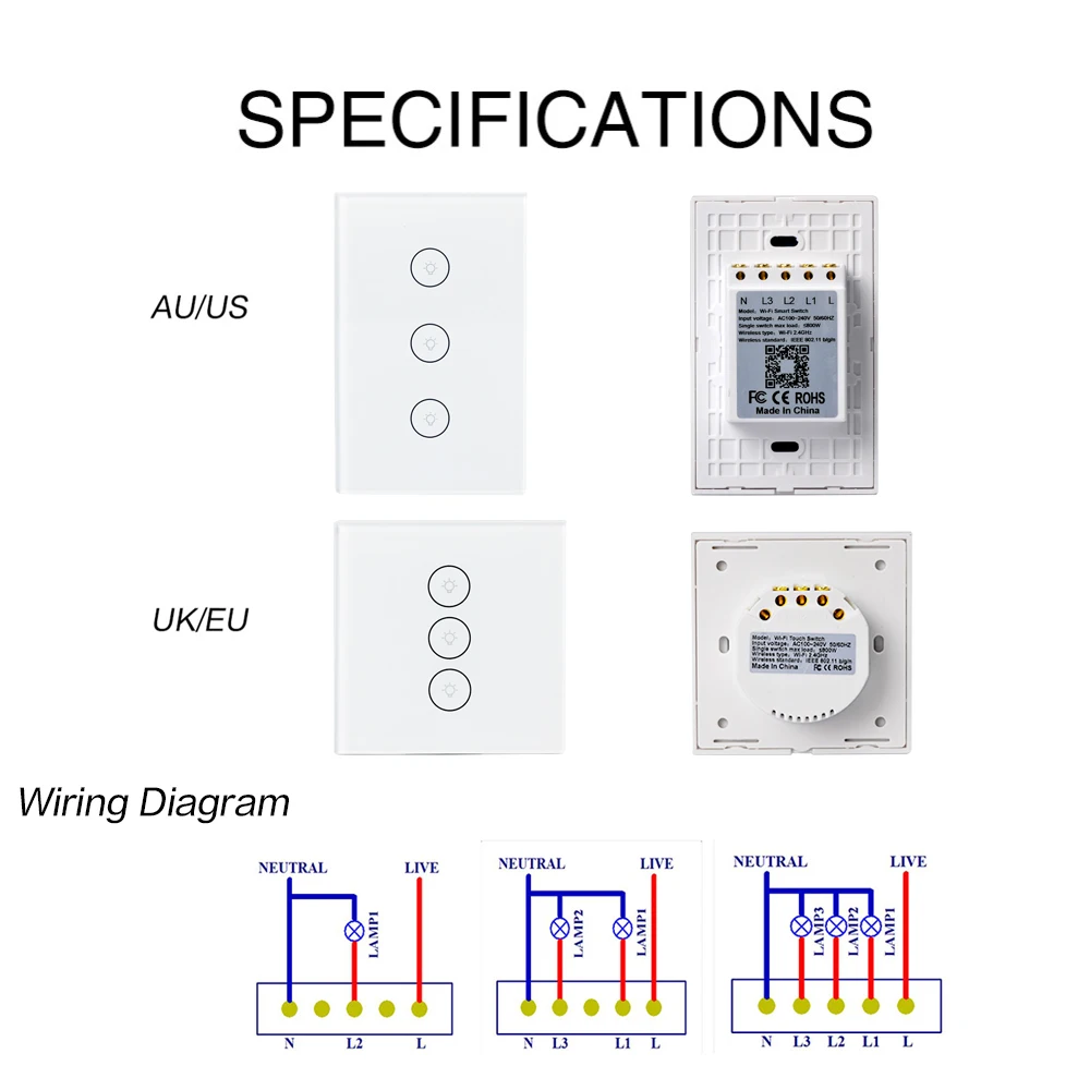 Умный выключатель UNKAS настенный сенсорный с поддержкой Alexa Google Home US EU UK Wi Fi