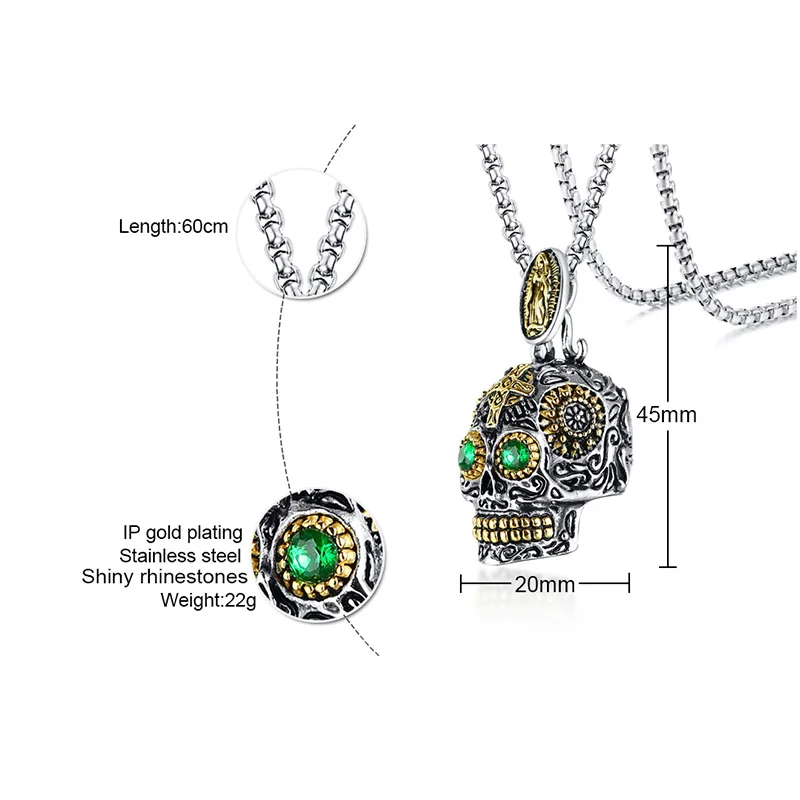 

2020 Original Mexican Large Sugar Skull with Green Eye Pendant Necklace Stainless Steel Punk Biker Male Jewelry with 24 inches