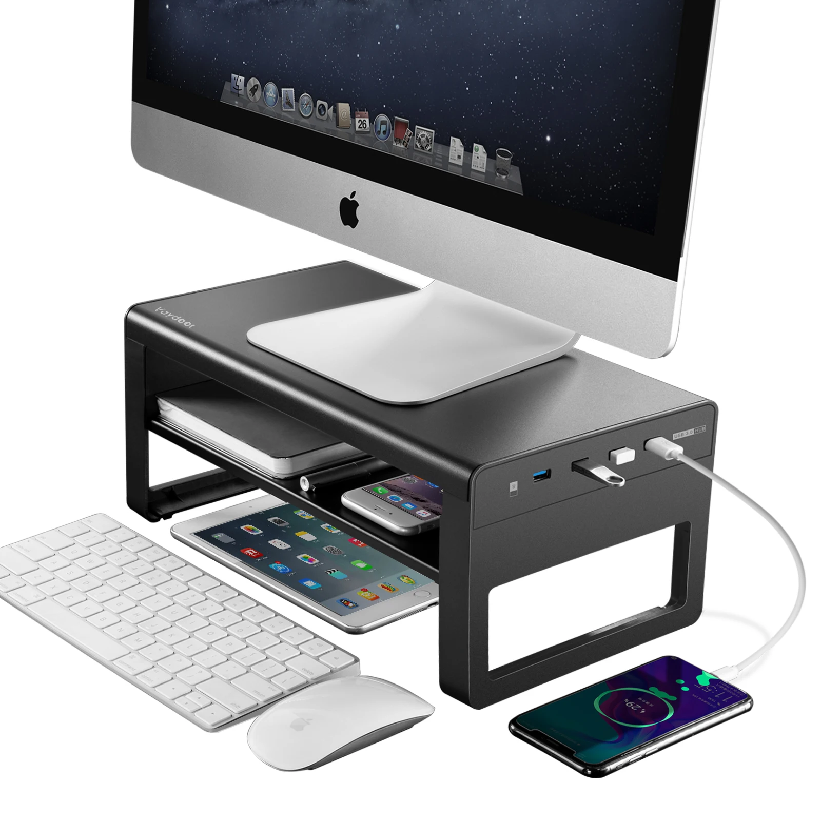 2 Tiers Monitor Stand with USB 3.0 Hubs Aluminum Riser Metal Computer Supports up to 27 Inch for PC Laptop | Компьютеры и офис