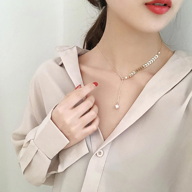 YUN RUO Rose Gold Wheat Ear Pearl Tassel Pendant Necklace Titanium Steel Jewelry Woman Birthday Gift Never Fade Drop Shipping | Украшения и