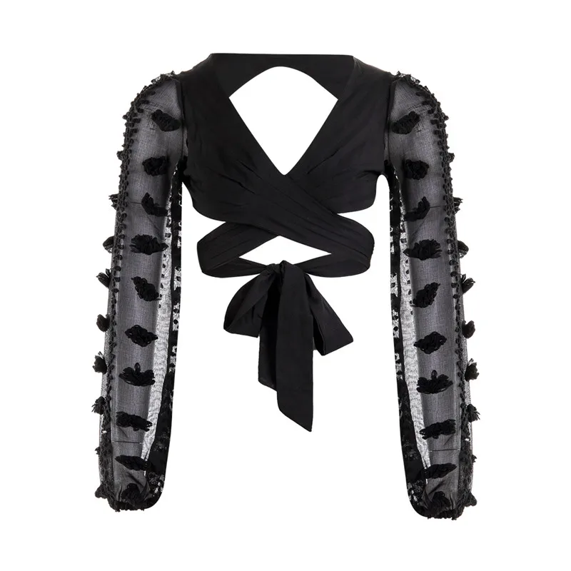 

Women Sexy V Neck Backless Bandage Blouse Lace Puff Sleeve Short Top Autumn Summer Long Sleeve Wrap Casual Loose Blouse