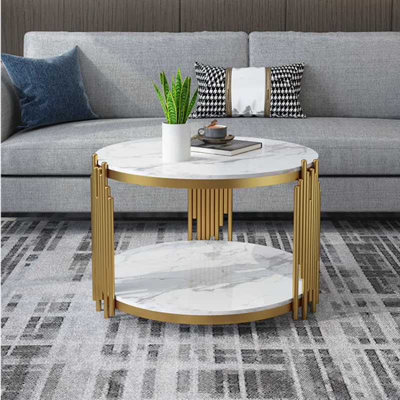 

Luxury Round Coffee Table for Living Room Center Table Double Layer Table Top Marble Tempered Glass Optional