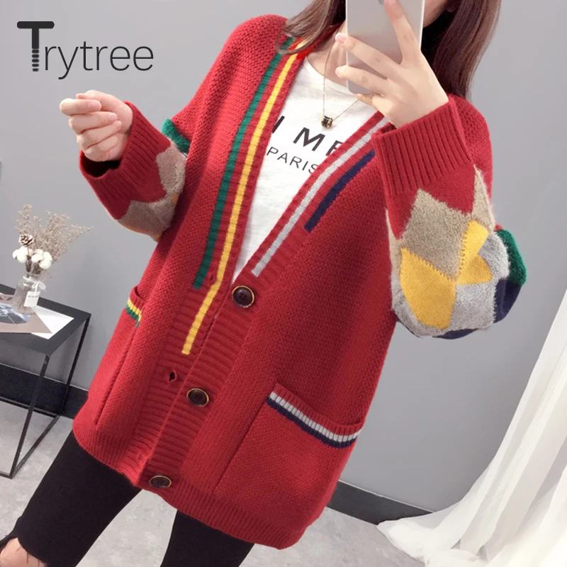 Осенне зимний женский свитер Trytree повседневный однобортный трикотажный кардиган