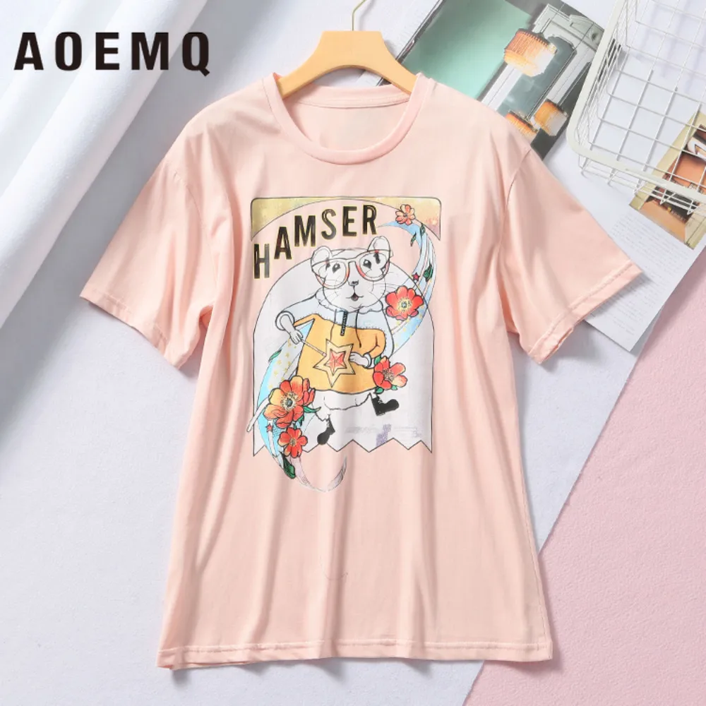 AOEMQ 5 Colors T-shirts Cartoon Animal Mouse Pattern Casual Breathable Cotton Sweat Women Summer Clothing | Женская одежда