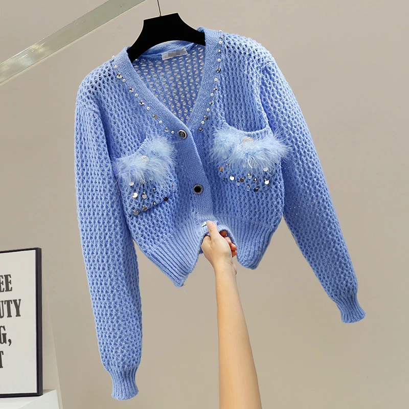 

Hollow Out V-neck Cardigan Knitted Coat Women's Sequined Double Pocket Elegant Knitwear Fashion Blue Sweaters Top Fall Sweaters