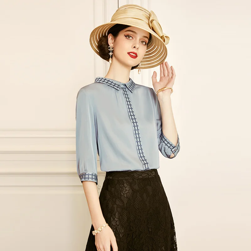 

Женская шелковая рубашка SHZQ, синяя рубашка из шелка тутового шелкопряда с рукавом средней длины, лето 2021