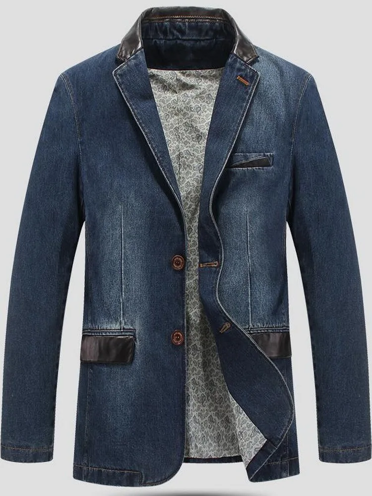 Autumn Fashion Male Slim Fit Casual Denim Suit Jacket Men Stitching leather Blazer Terno Masculino Brand Mens Denim Blazer