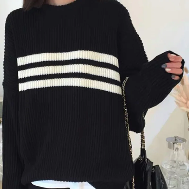 Осенне-зимний новый свободный кашемировый свитер в полоску European station черный