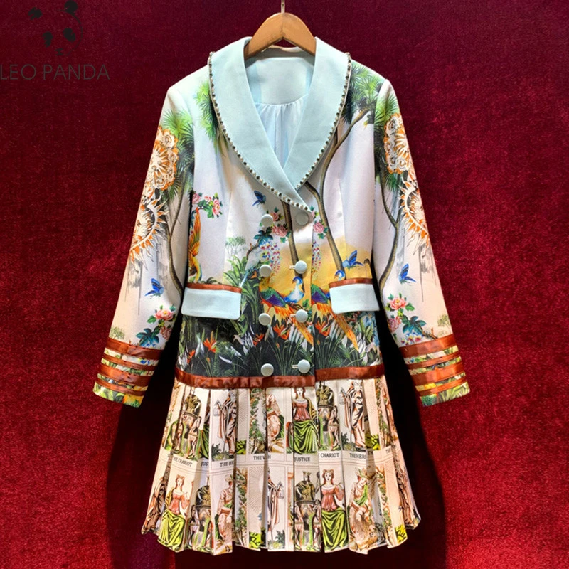 Женский плиссированный тренчкот подиумный винтажный двубортный с принтом