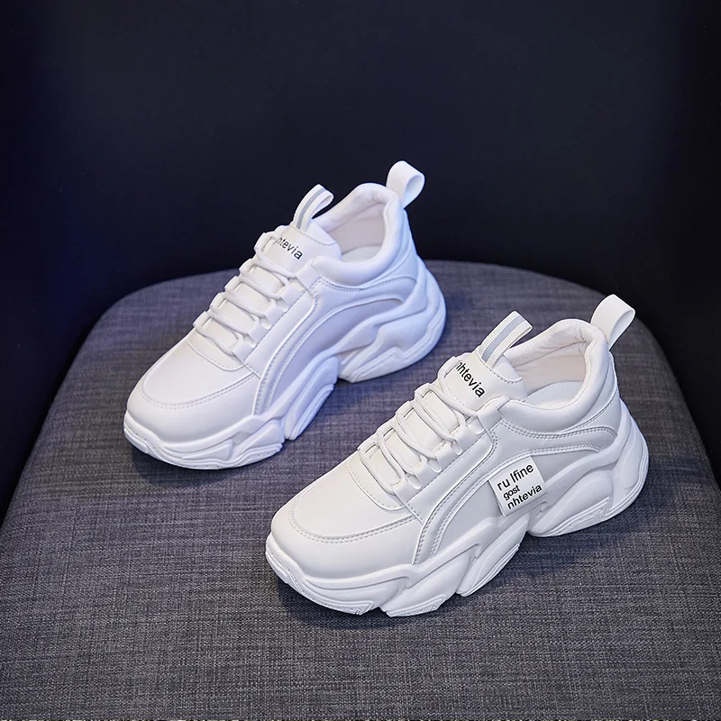 

Platform Women Sneakers 2021 Trends White Spring Sport Thick Sole Lace Up Comfortable Ladies Chunky Sneakers Black