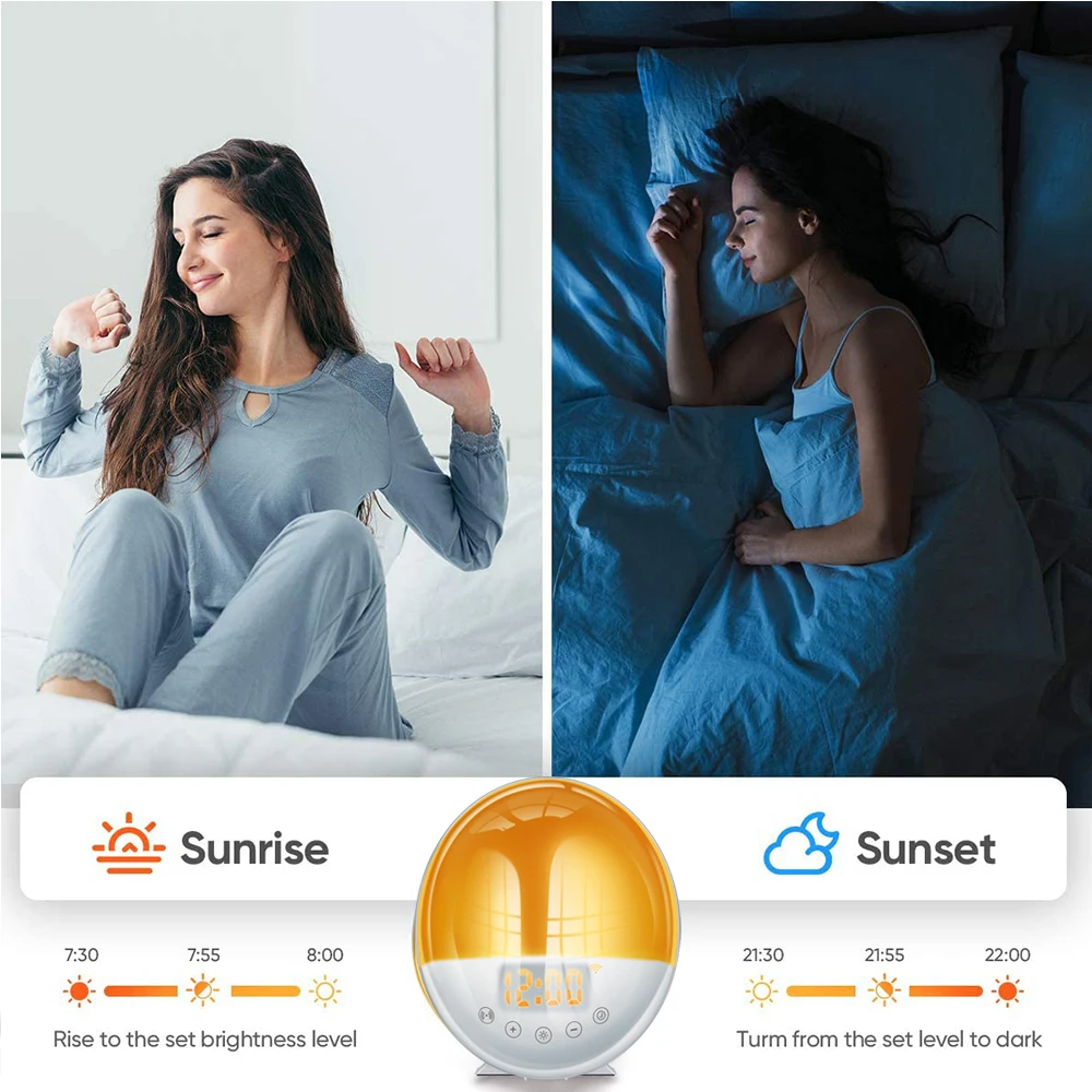 

Wake Up Light Sunrise Alarm Clock WiFi Smart 7 Colors Sunrise/Sunset FM Radio Digital Nightlight Clock For Alexa Google Home