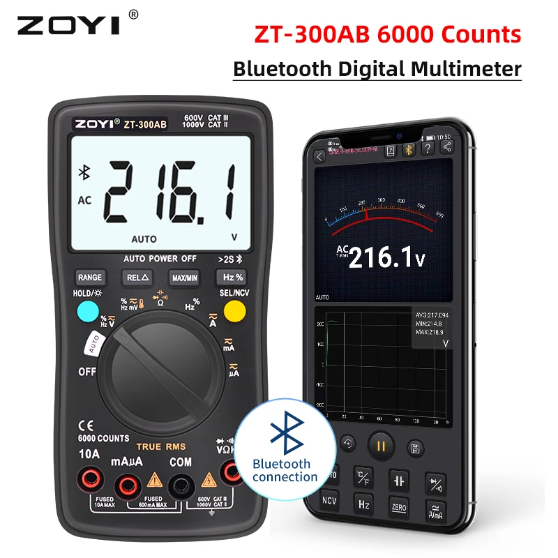 

Цифровой мультиметр ZOYI ZT-300AB, Bluetooth, 6000 отсчетов, автоматический диапазон переменного/постоянного тока, напряжение True среднеквадратичный тестер