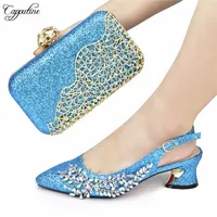Sky Blue Shoes And Bag Set For Woman Italian Design African Ladies High Heels Pumps Match With Handbag Clutch Purse 938-40 5.5CM