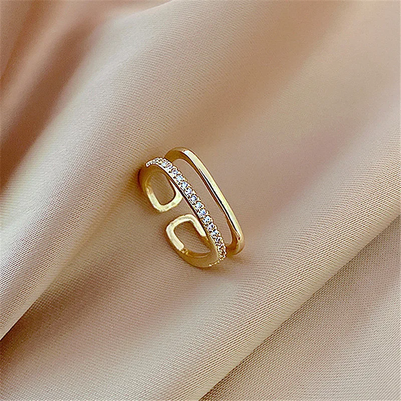 

Double Layer Zirconia Ring Square Jewelry For Women 2021 New Ins Style Golden Adjustable Rings Gift Bague Femme