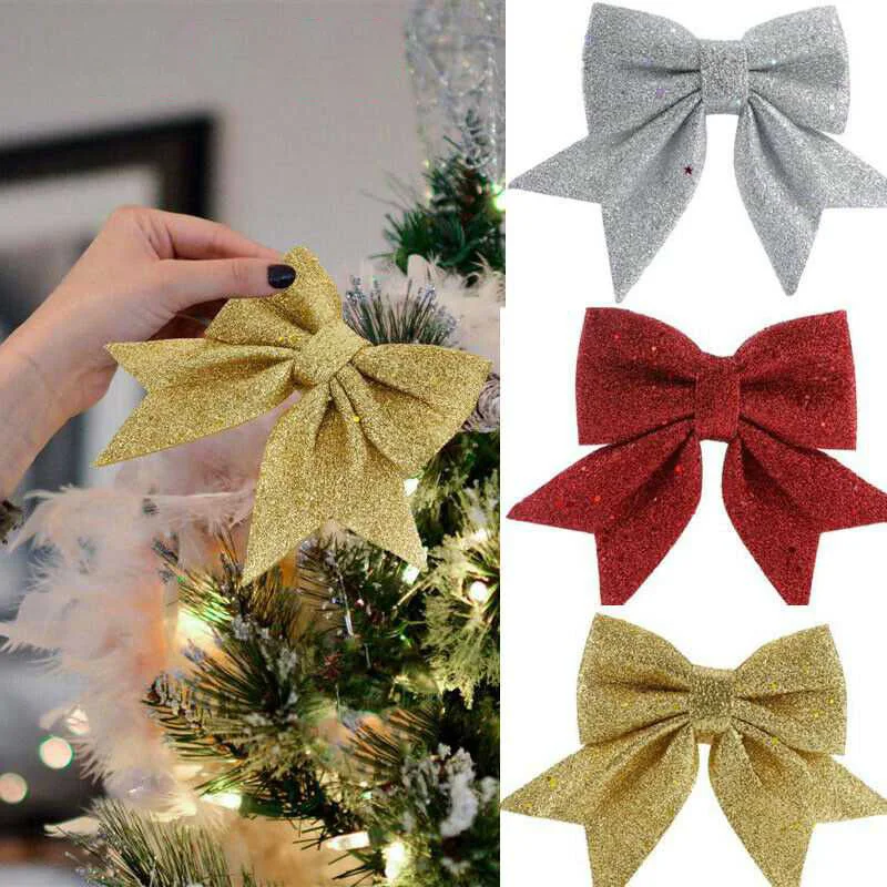 

14cm Big Bows Popular Christmas Tree Decoration Glitter Bows Hanging Xmas Ornament Decor Home Party Pendant Decor Prop Gifts