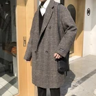 2021, Мужское пальто, повседневные свободные зимние куртки, мужские шерстяные пальто в клетку с отложным воротником