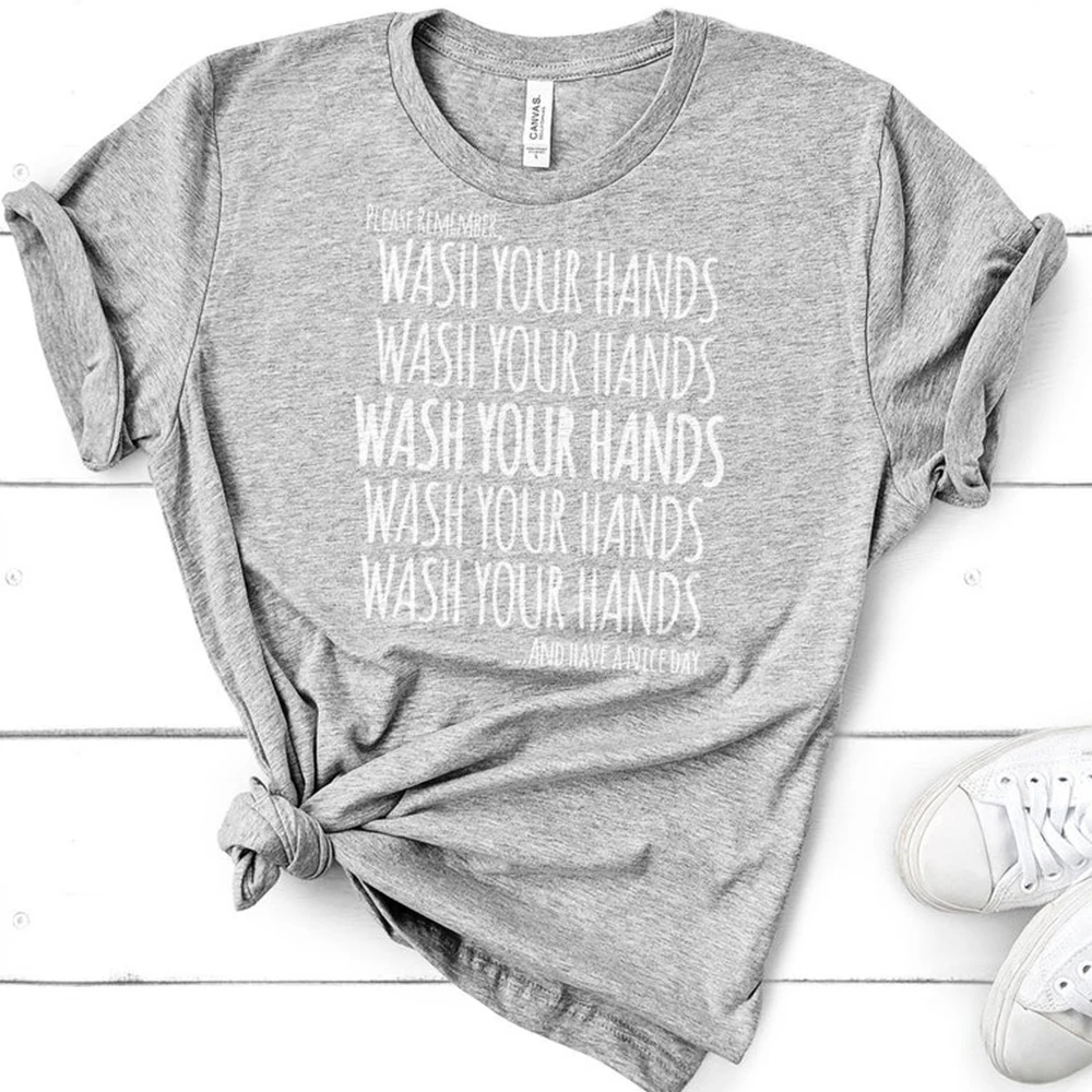 Женская футболка с надписью Wash Your Hands серая Повседневная из 100% хлопка коротким