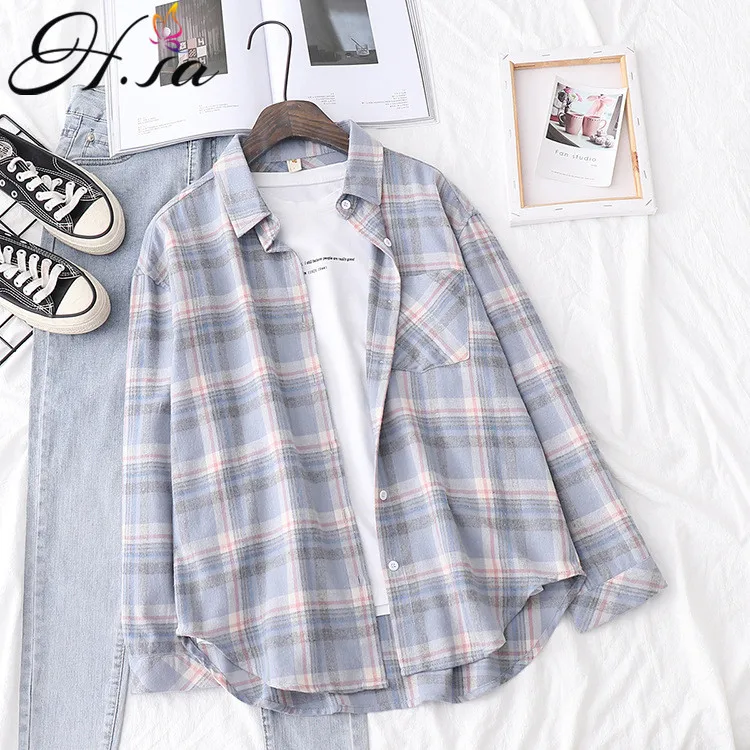 

HSA Women Spring Blouses Casual Plaid Shirts Long Sleeve Turn Down Collar Button Up Down Loose Pink Blue Korean Chic Blouse Tops