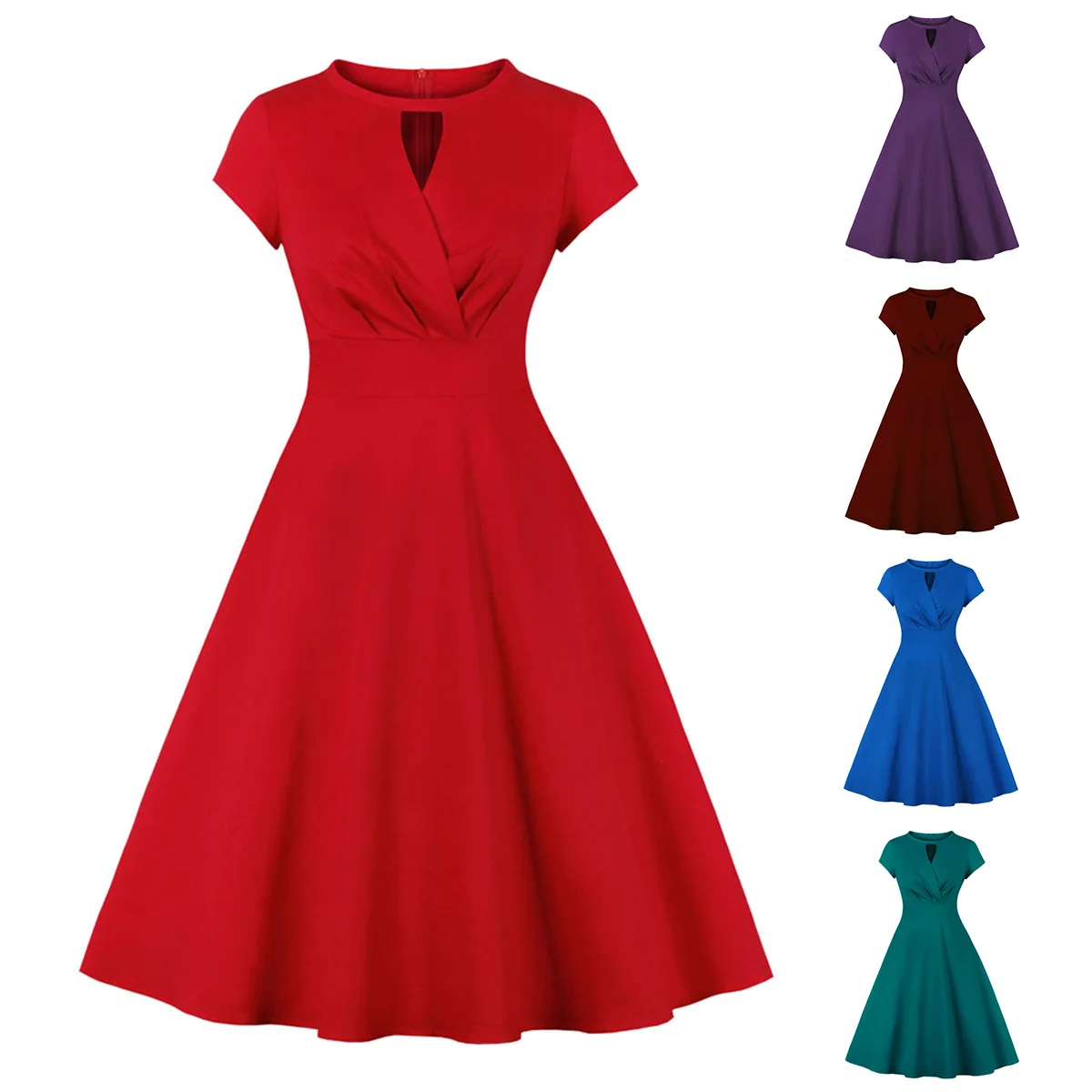Vintage Midi Women Dresses Cut Out Wrap Bust Female Elegant Solid Rockabilly Clothing 50s 60s Style Dress