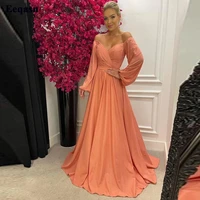eeqasn unique orange satin prom party gowns off the shoulder long puff sleeves women formal event dresses birdesmaid dress