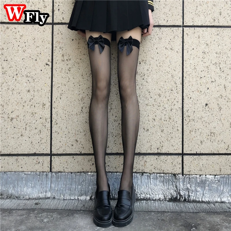 Летние черные шелковые чулки в стиле Харадзюку с бантом женские сексуальные  прозрачные длинные носки Lolita JK милые белые ультратонкие чулки |  AliExpress