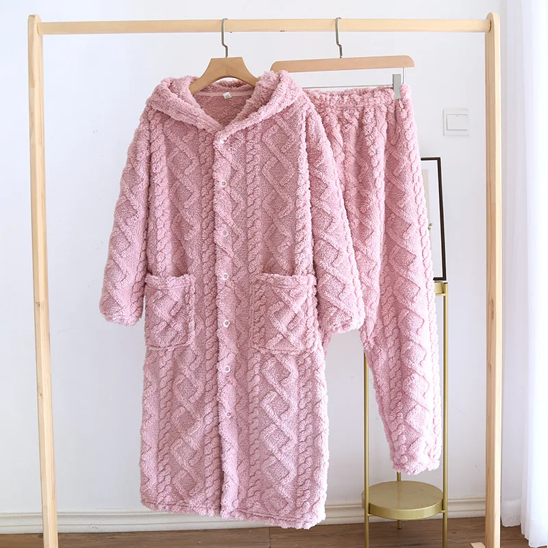 Winter Thick Warm Velvet Pajamas Nightgown Women Cute Hooded Flannel Robe Set Couple Long Homewear Plus Size Men's Home Clothes