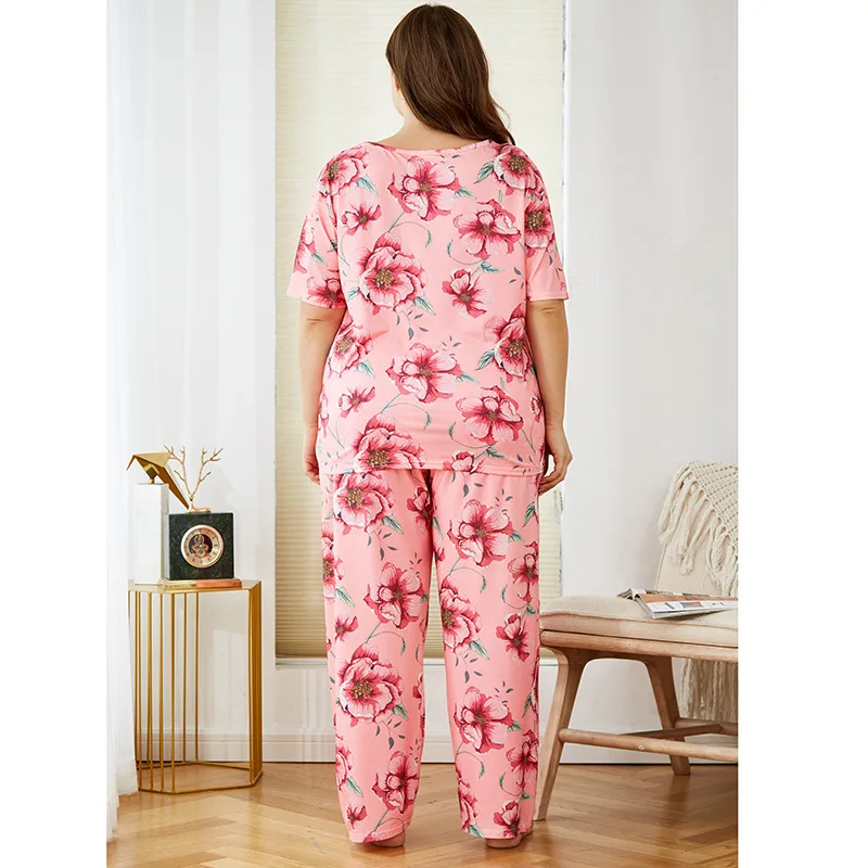 3XL 4XL Plus Size Women Summer Nice Flowers Printing Pajama Sets Trousers Cool Pajamas Soft Pyjamas Sleepwear Autumn Homewear