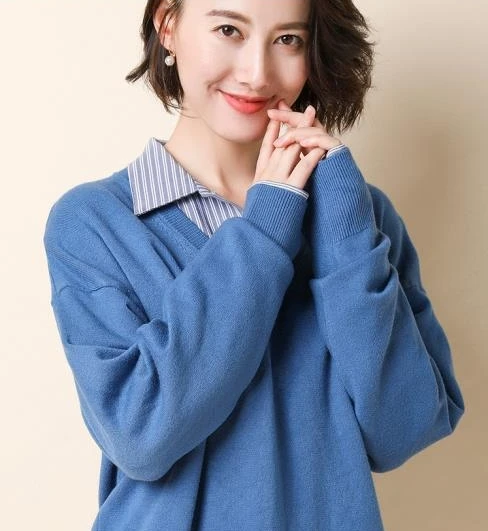 Spring Autumn Winter New Women Lady Cashmere Wool Long Sweater Pullovers Solid V-Neck Casual Big Size Warm Wild Loose Fashion