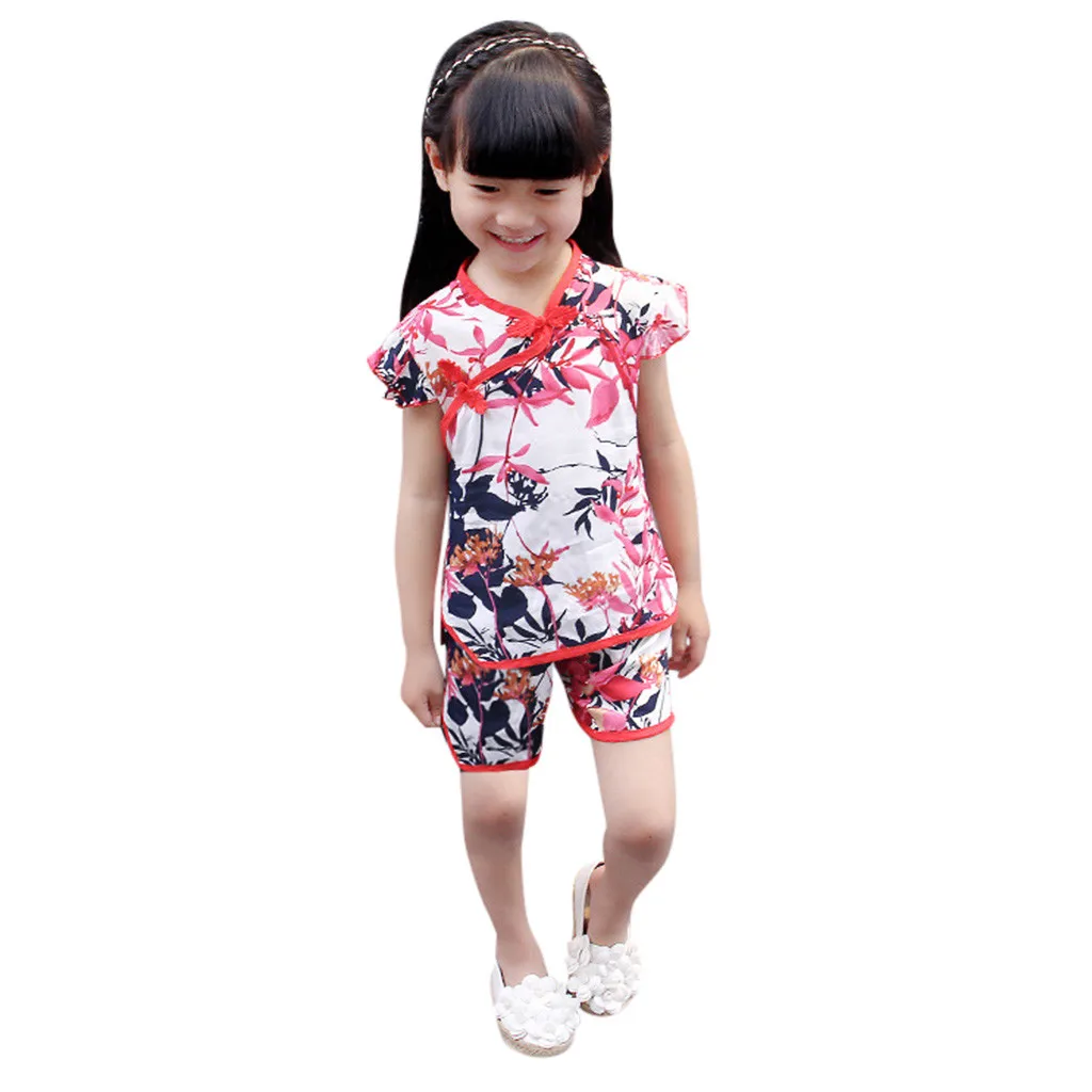 

TELOTUNY 2021 наряды в китайском стиле для маленьких девочек, топы с цветочным принтом, футболка, шорты, костюм Тан, летняя одежда для девочек От 0 до 4 лет