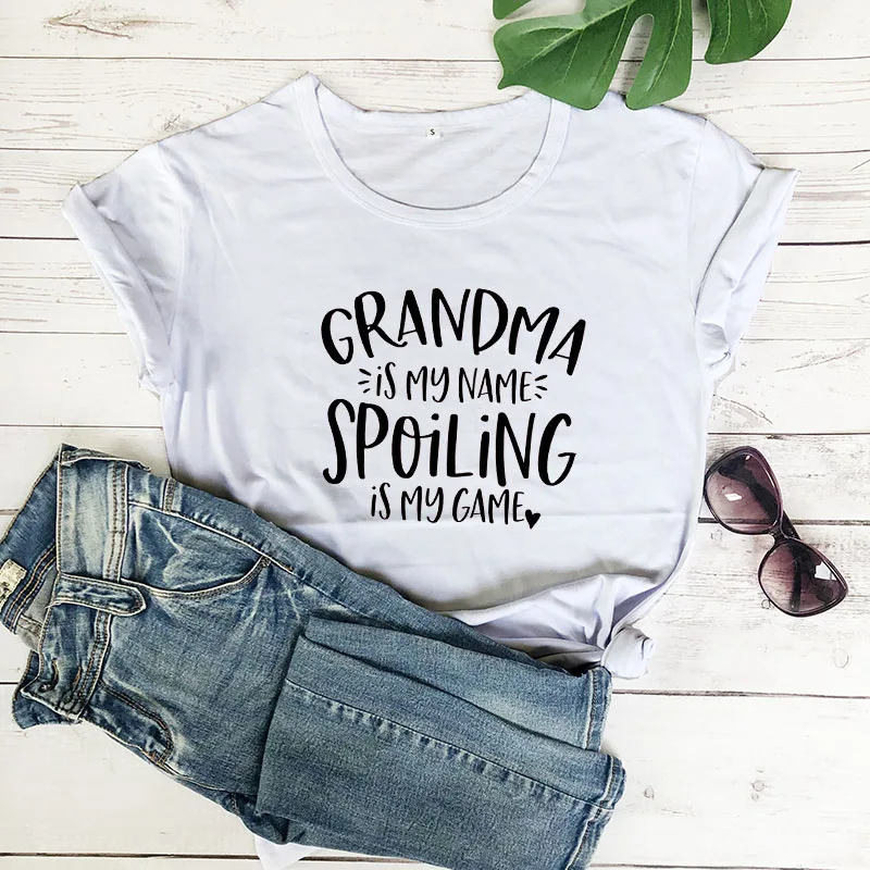 white-black text Grandma is my name Spoiling is my game, Новое поступление, забавная футболка из хлопка, новая рубашка для мамы, подарок для мамы, милые футболки для мамы - Цвет: white-black text