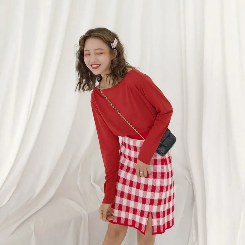 

Autumn Plaid Print Button Tight Skirts Elegant Women Casual Skirts Knit High Waist Skirt