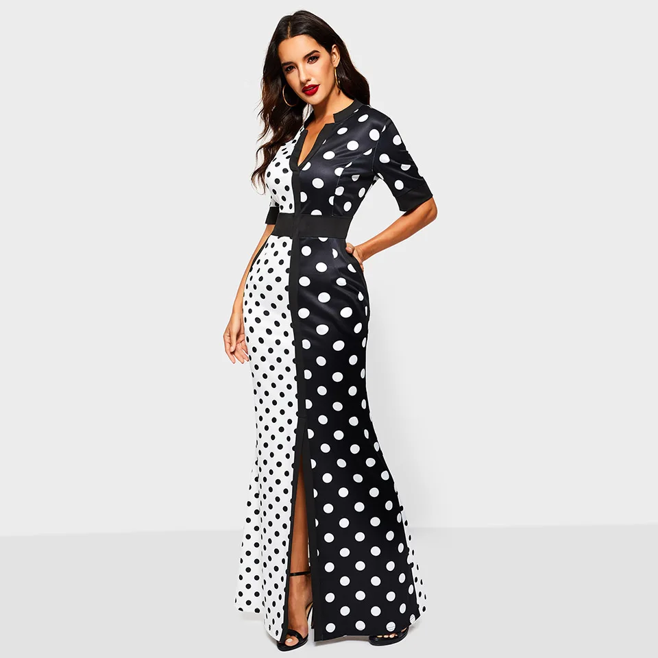 Sisjuly Vintage Bodycon Dress Женщины Длинные Черный Белый Горошек Бандаж Сплит Тощий Офис Леди Элегантный Партия Сексуальные Платья Макси
