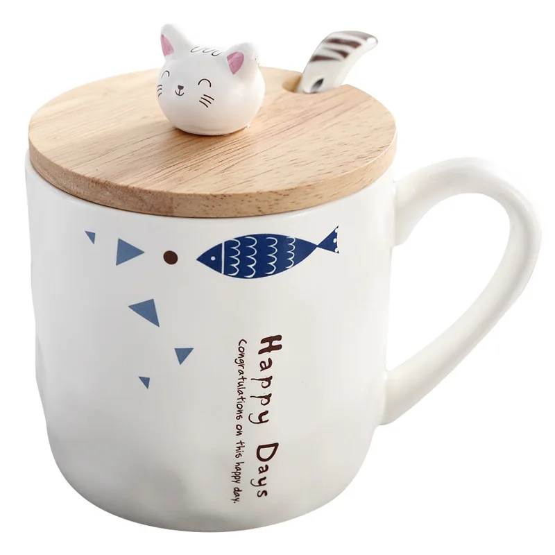 

Japanese Cat Ceramics Coffee Mug Teacup with Lid and Spoon