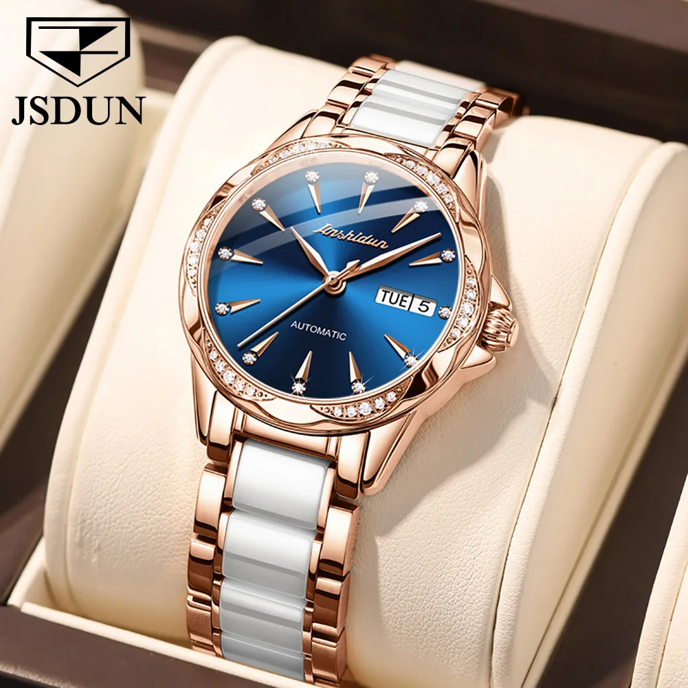 JSDUN Luxury Brand Ladies Mechanical Watch Waterproof Stainless Steel Ceramic Strap Date Watch Fashion Ladies Automatic Watch