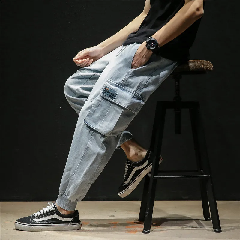 M 5XL негабаритный свет синий деним для мужчин Харадзюку шаровары свободные досуг