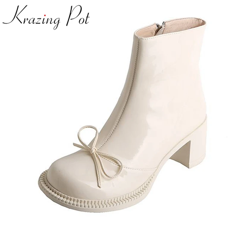 

Krazing pot cow leather round toe high fashion Chelsea boots zip thick high heels butterfly-knot design career ankle boots l27