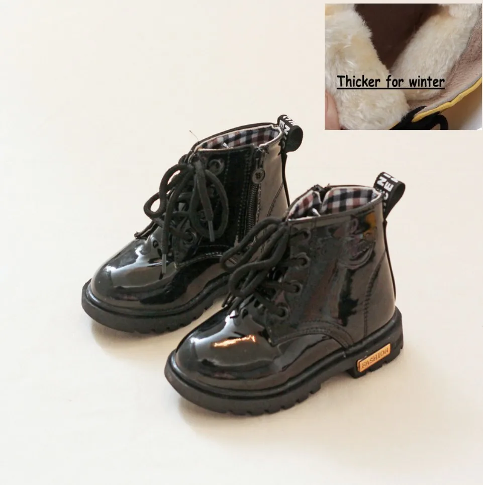 black with fleece Новинка; зимняя детская обувь из искусственной кожи; водонепроницаемые ботинки martin; детские зимние ботинки; брендовые резиновые сапоги для мальчиков и девочек; модная обувь; S - Цвет: black with fleece