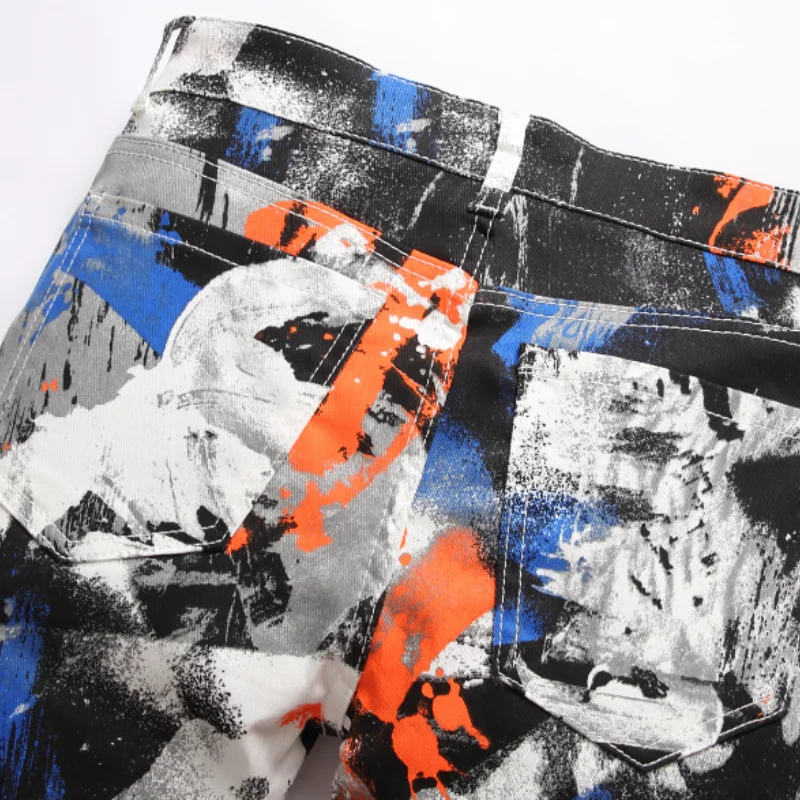 Chic Graffiti Print Hip Hop Men Stretch Pencil Jeans Trousers Color Block Slim Punk Denim Pants Streetwear Pantalones Hombre