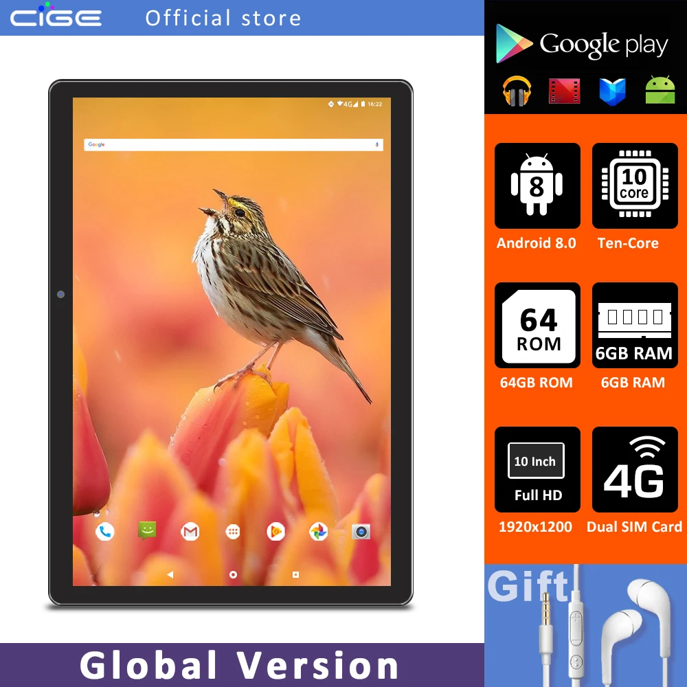 CIGE N9 Android 8.0 Tablets 10 inch 6GB RAM 64GB ROM 10 Core Cheap Children Tablet PC 4G LTE Phone Call  BT 5.0 Type-C 6000mAh