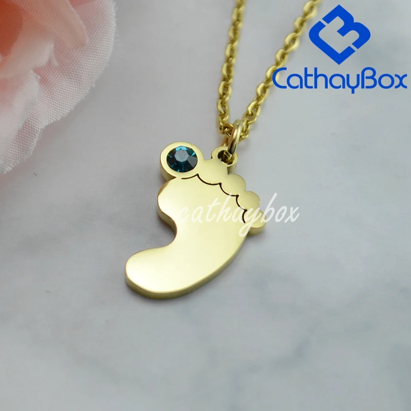 Personalized Birthstone Gold Tone Name Text Engraving Stainless Steel Baby Foot Charm Pendant Necklace |